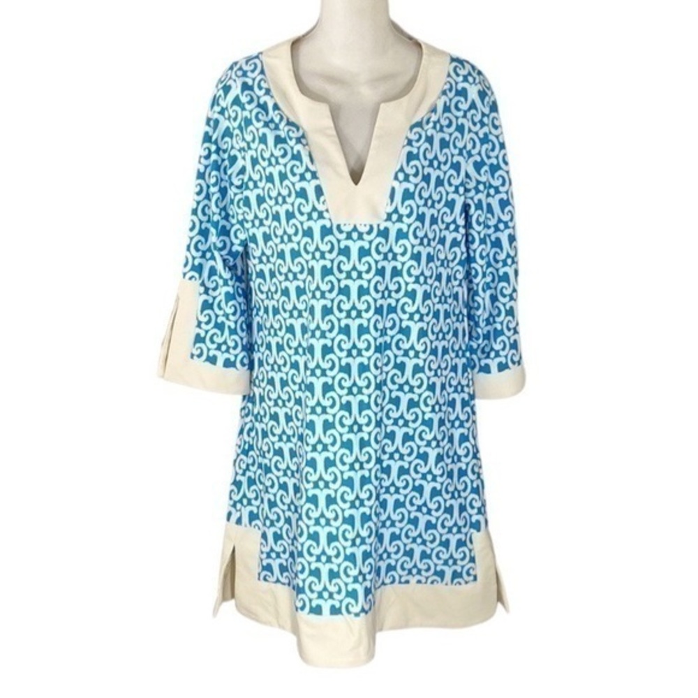 Jude Connally Jude Blue White Printed Notch Neck Stretch Tunic Dress Medium M